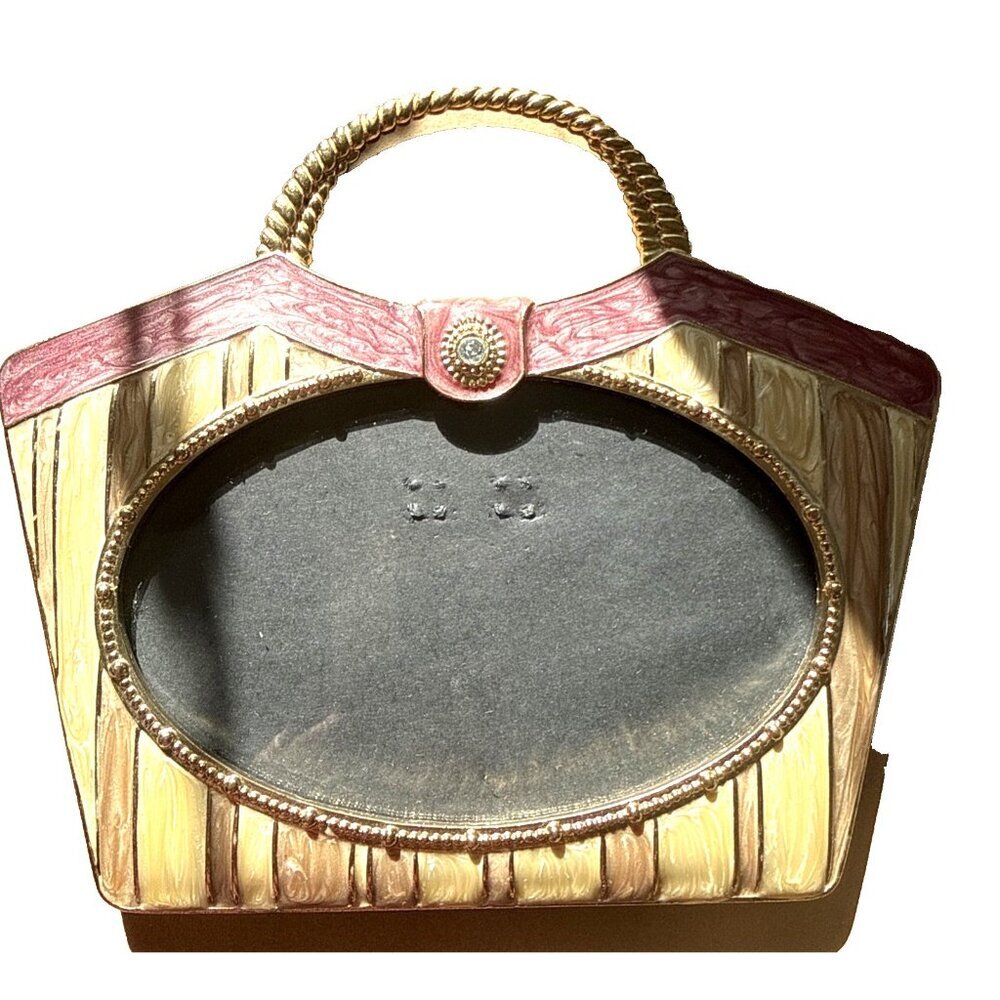 Purse Handbag Picture Photo Frame Gold Purple Enamel Rhinestone 5x3 Oval